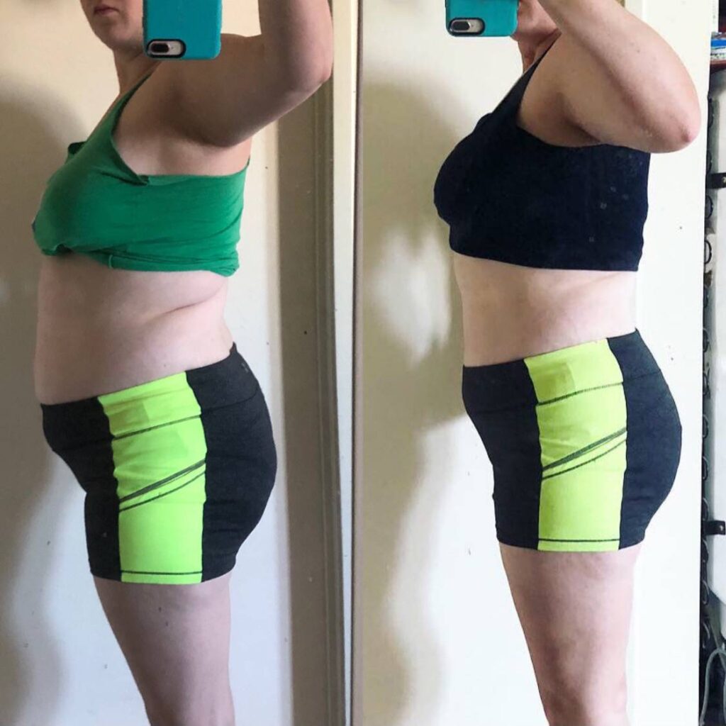 A woman in black and green sports bra taking a picture of her before and after weight loss.