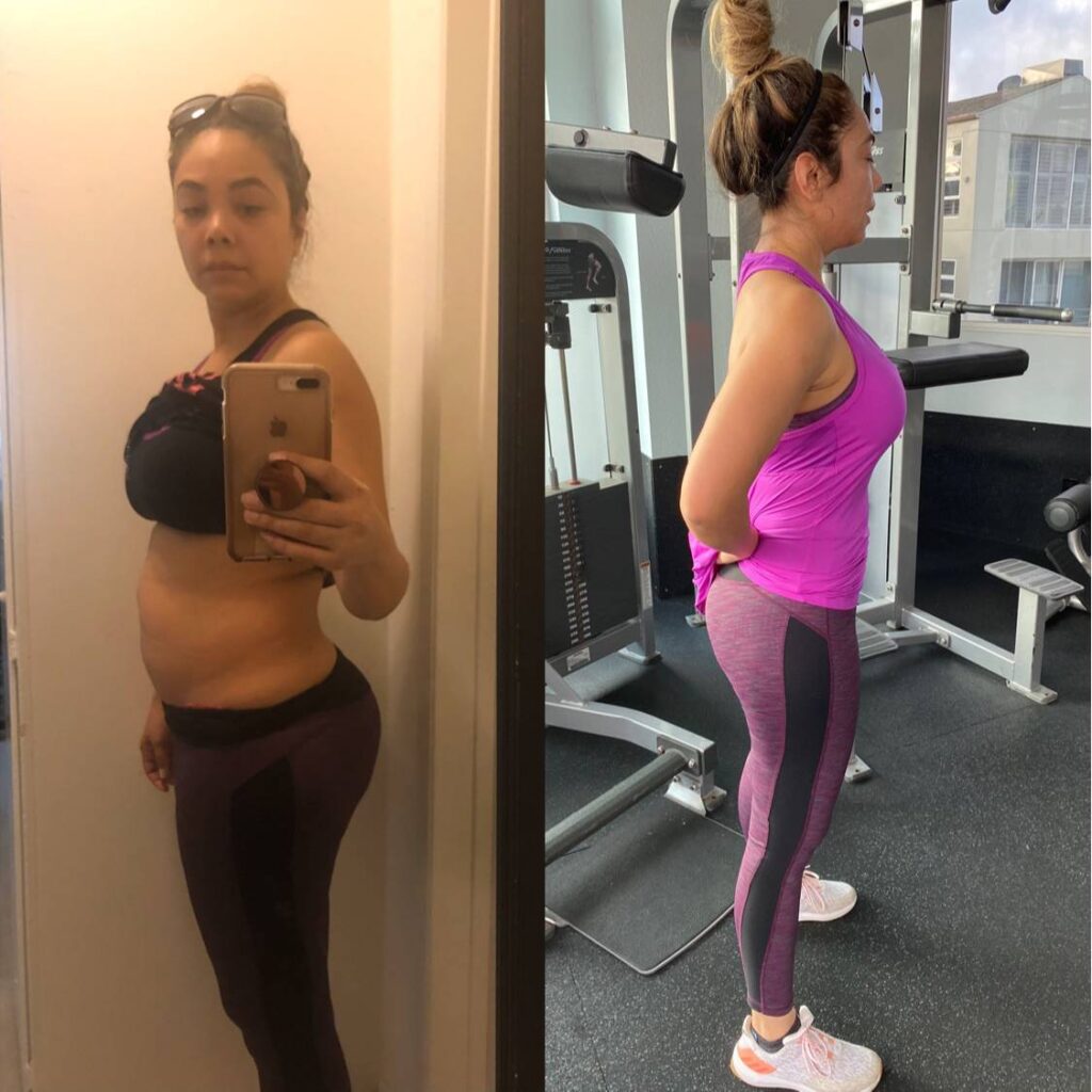 A woman in a gym before and after her weight loss.