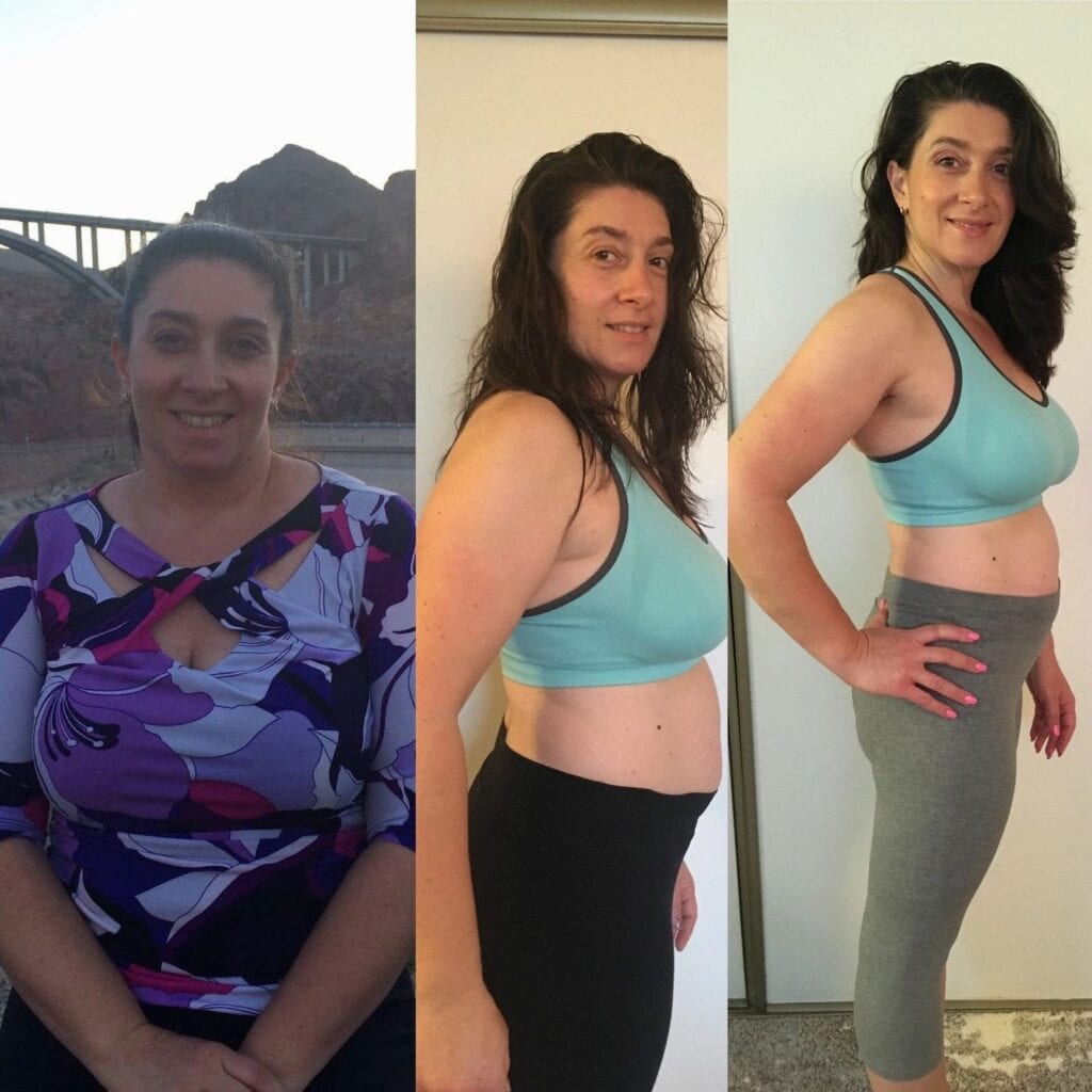 A woman is in three different pictures of her before and after weight loss.